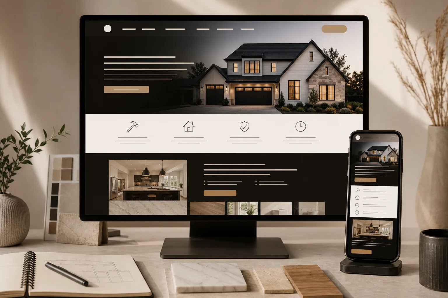 Illustration: a service-business website shown across desktop and mobile screens.
