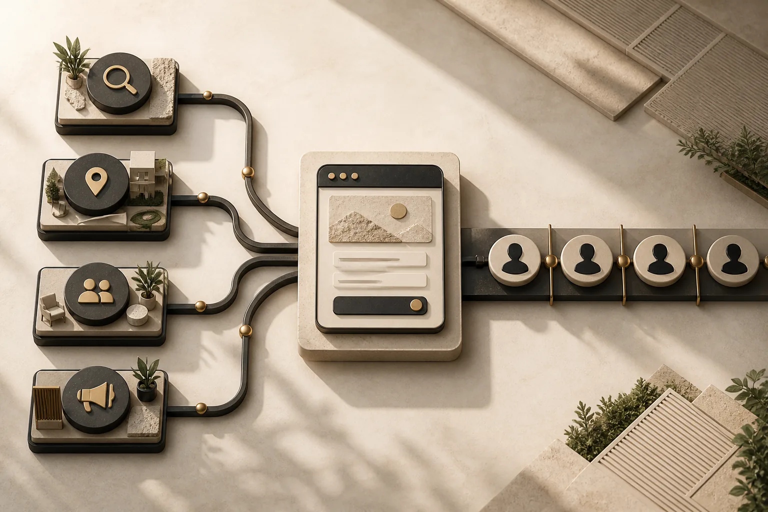 Illustration: several demand channels feeding qualified leads into one connected pipeline.