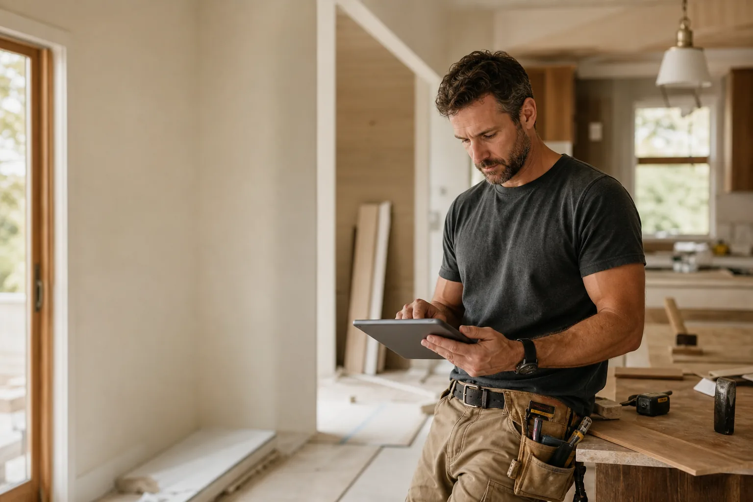 A home-service contractor coordinating work at a residential renovation. Illustrative image.